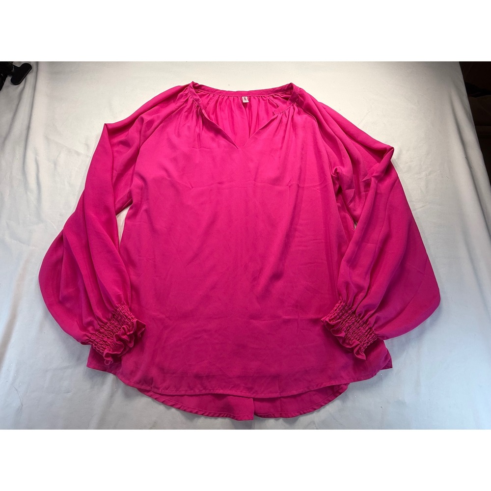 Dokotoo Womens Hot Pink V-Neck Balloon Sleeve Smocked Cuff Chiffon Blouse Top